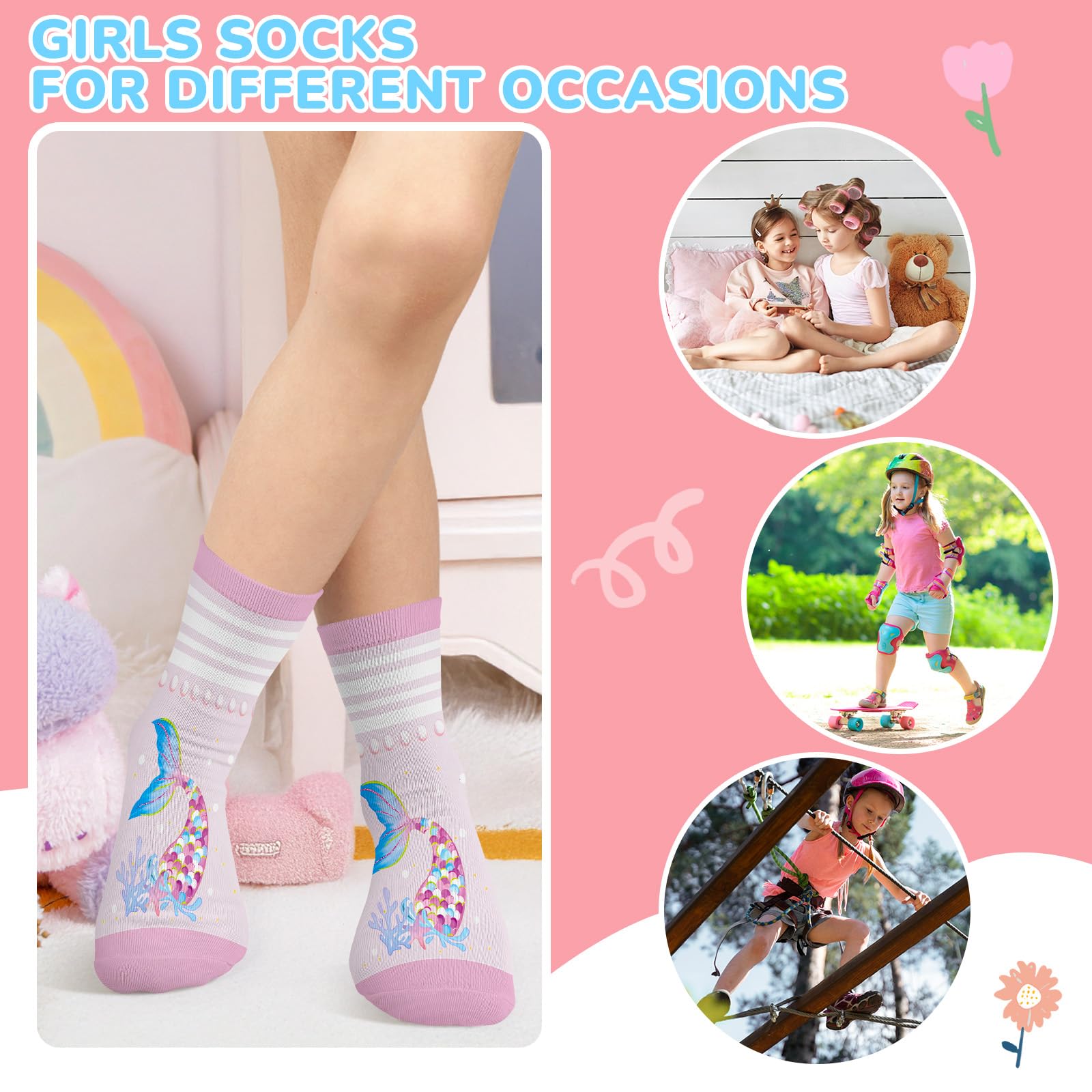 6 Paare Socken Kinder Mädchen Bunte Seepferdchen Meerjungfrau Muschel Blau Rosa Lila Baumwolle Socken kinder