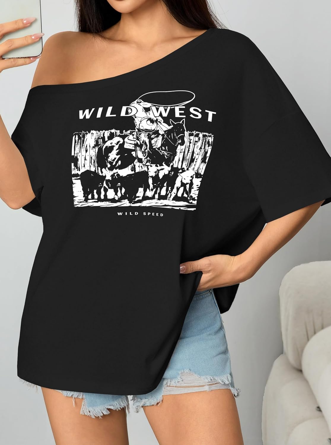 Hilinker Women's Graphic Off The Shoulder Tops Asymmetrical Short Sleeve Oversized T Shirts - Image 5