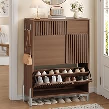 Shoe Cabinet with 2 Flip Drawers & Top Drawers, Narrow Hidden Shoe Storage Cabinet for Entryway, Freestanding Wooden Shoes Organizer with Adjustable Shelves, 16-18 Pairs for Hallway, Brown