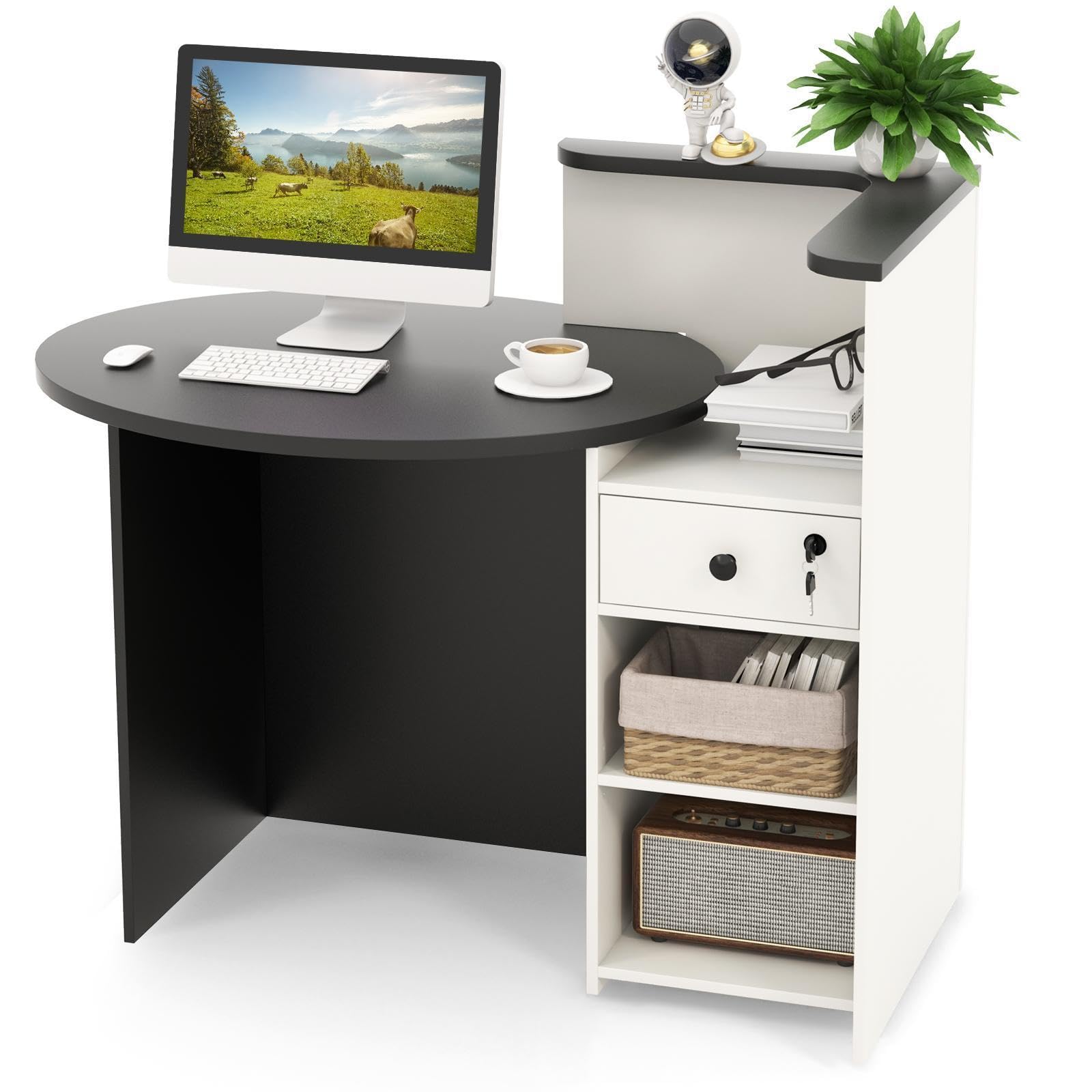 COSTWAY Reception Desk, Front Counter Desk with Lockable Drawer and Adjustable Shelf, Corner Cashier Retail Checkout Table Computer Desk for Beauty Salon Lobby (Black+White, Left Tabletop)