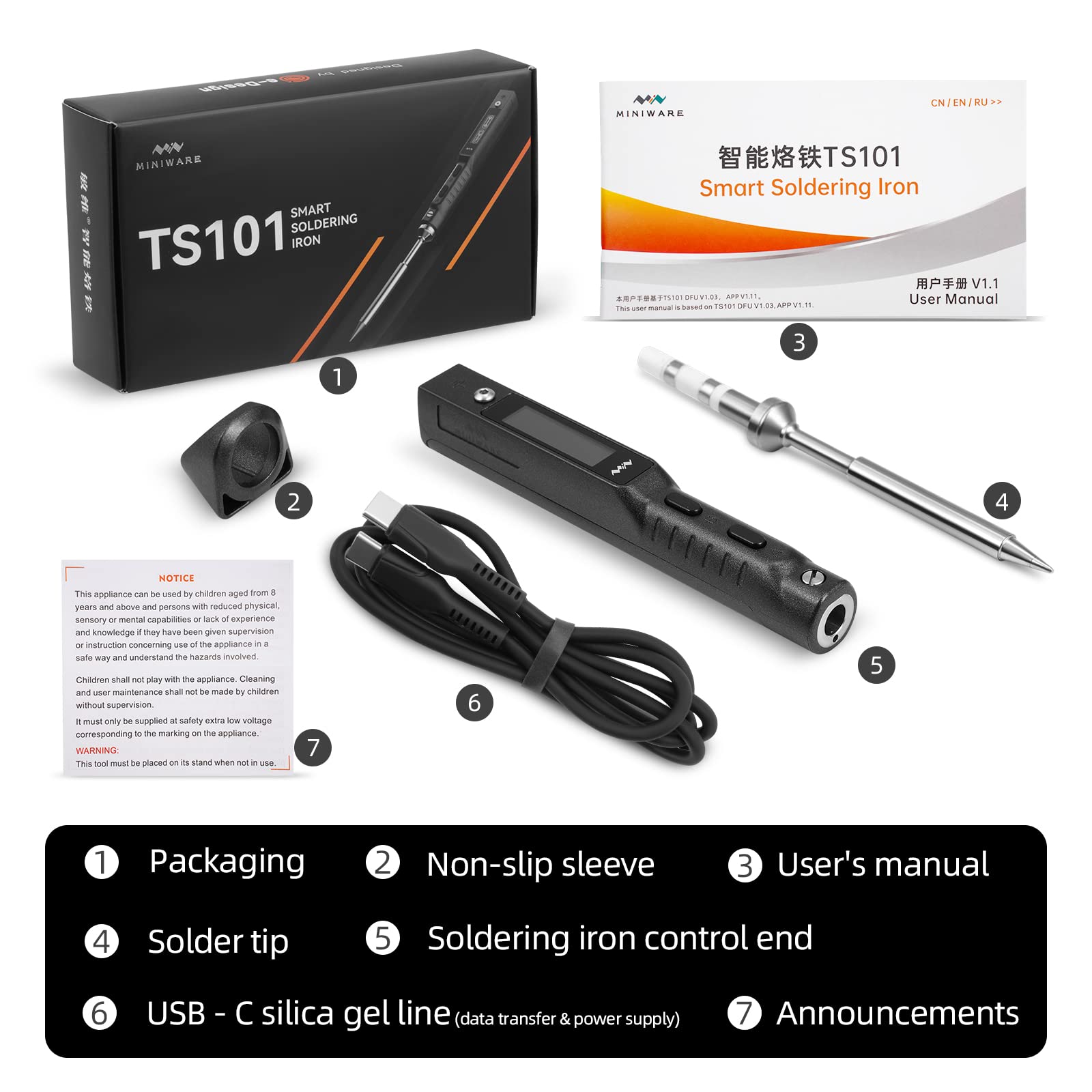 TS101 65W Soldering Iron Portátil, Soldador Electrico Profesional con Punta TS-I y USB Cable, Mini Digitales Soldador Inalambrico, DC+PD Entrada de Alimentación, Pantalla LCD, Temperatura Ajustable