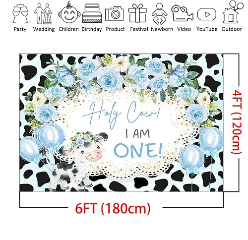 Miniatura 4 de Mocsicka Holy Cow - Telón de fondo con texto en inglés "I'm One", decoración de fondo para fiesta de primer cumpleaños con temática de vaca floral,