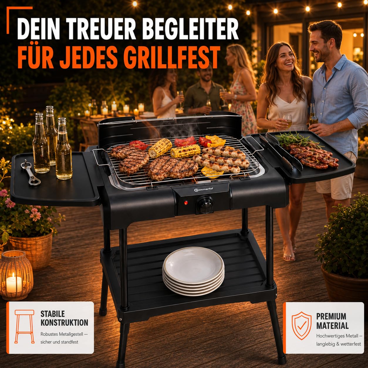 Sommertal BBQ231 Elektrogrill 2in1 | 2200W, Balkongrill, Camping Grill | Stufenloser Temperaturregler, Ablagefläche, schnelles Aufheizen, Windschutz, raucharm, kompakt, Balkon, Terrasse & Garten