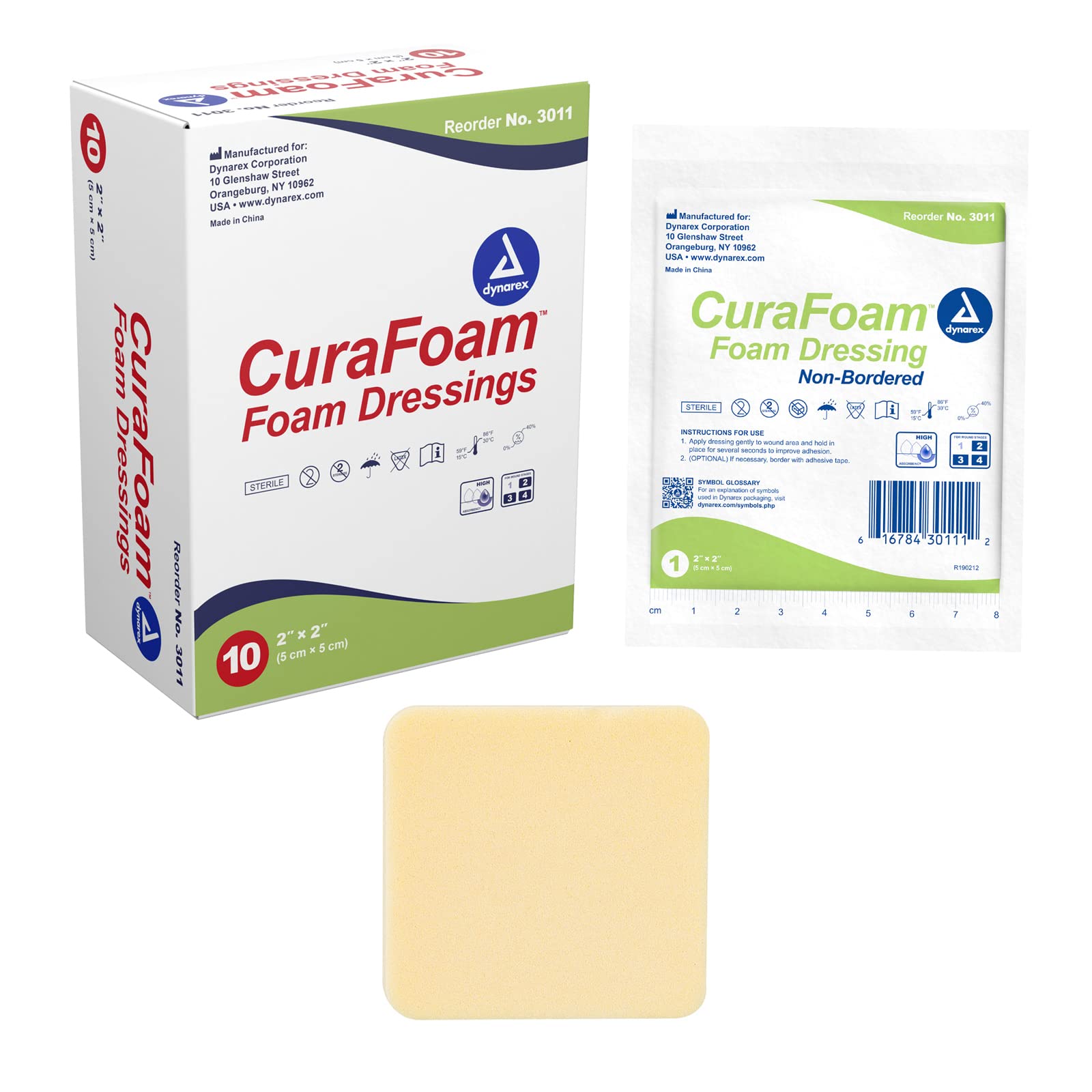 Dynarex CuraFoam Foam Dressings, Non-Bordered, Sterile, Provides Cushioned and Moist Wound Care, Used for Medium to Heavy Exuding Wounds, 2" x 2", 1