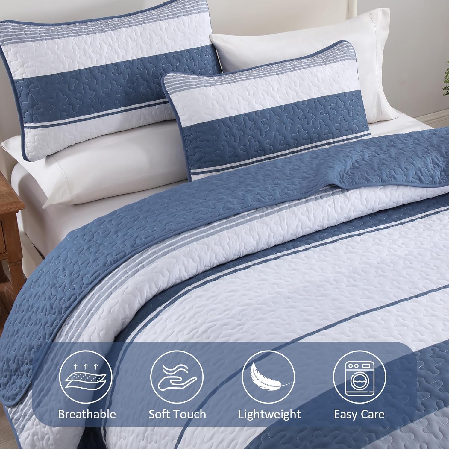 Dinjoy King Size Quilt Set Mineral Blue, 3 Pieces Boho Patchwork Striped Quilted Bedding Sets Soft Lightweight Bedspreads & Coverlets Set, for All Seasons 110"x90" - Image 5