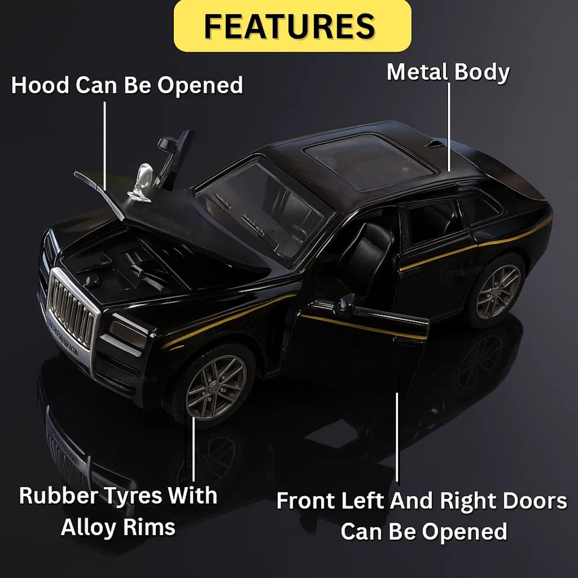 GRAPHENE 1:32 Scale Rolls Royac Phantom Car Pull Back Action Vehicles Diecast Exclusive Zinc Alloy Metal Toy Model Car with Openable Door and Sound Light Gifts Toys for Kids Toddlers 4