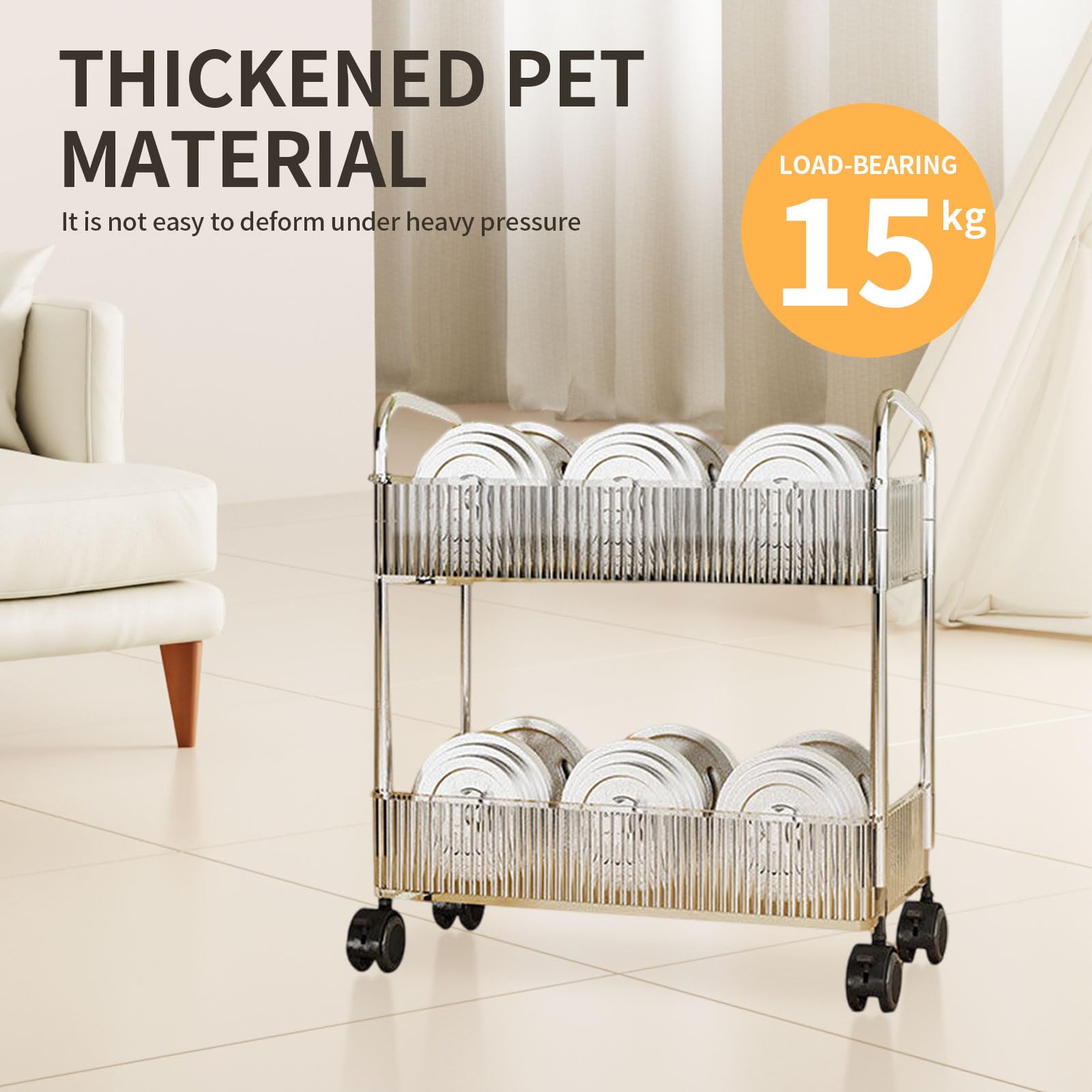 2-Tier Rolling Storage Cart, Clear Bathroom Organizer, Transparent Acrylic Trolley for Office Living Room - Image 4