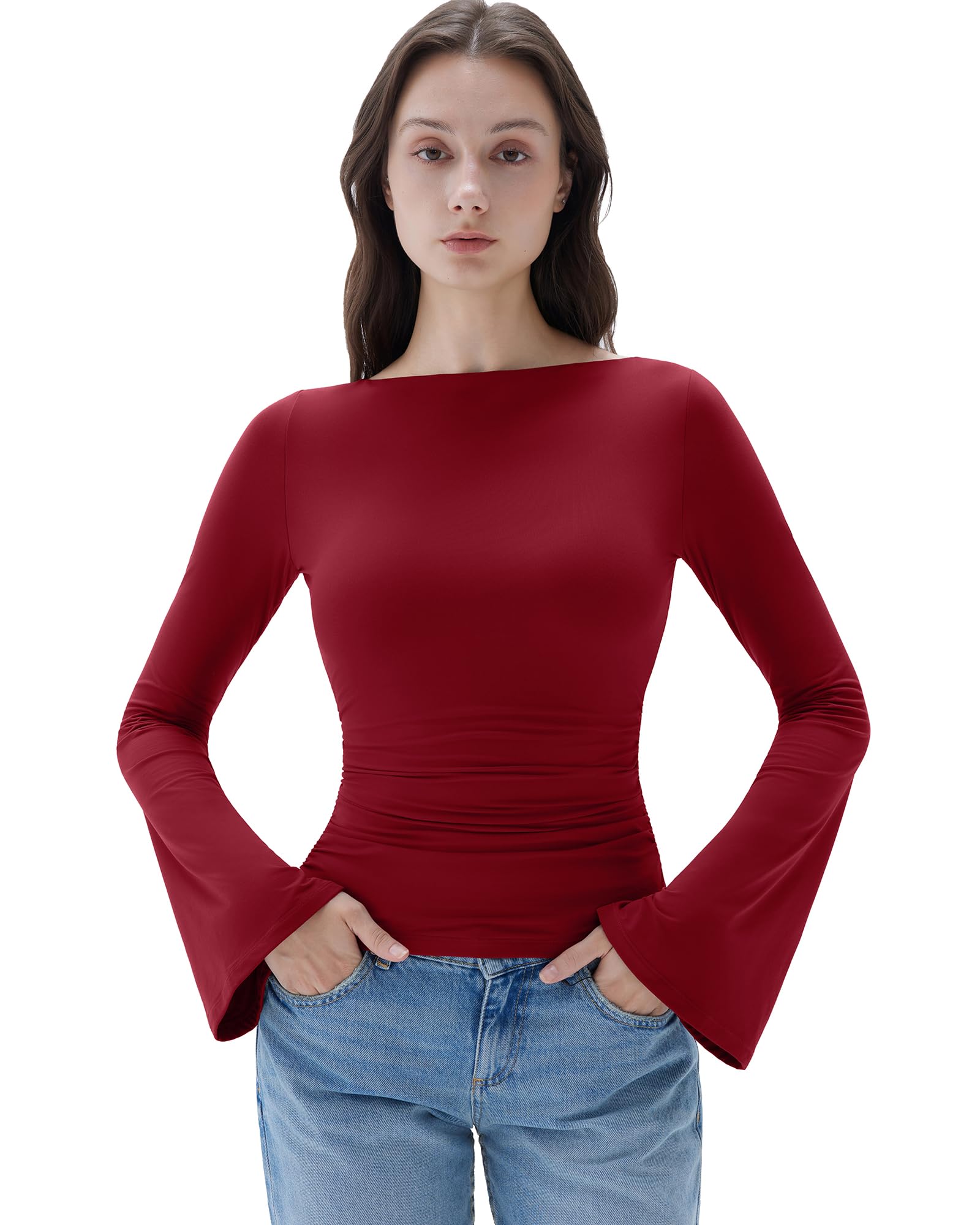 Women Crew Neck Bell Sleeve Tops Double Lined Going Out Fitted Basic T Shirts