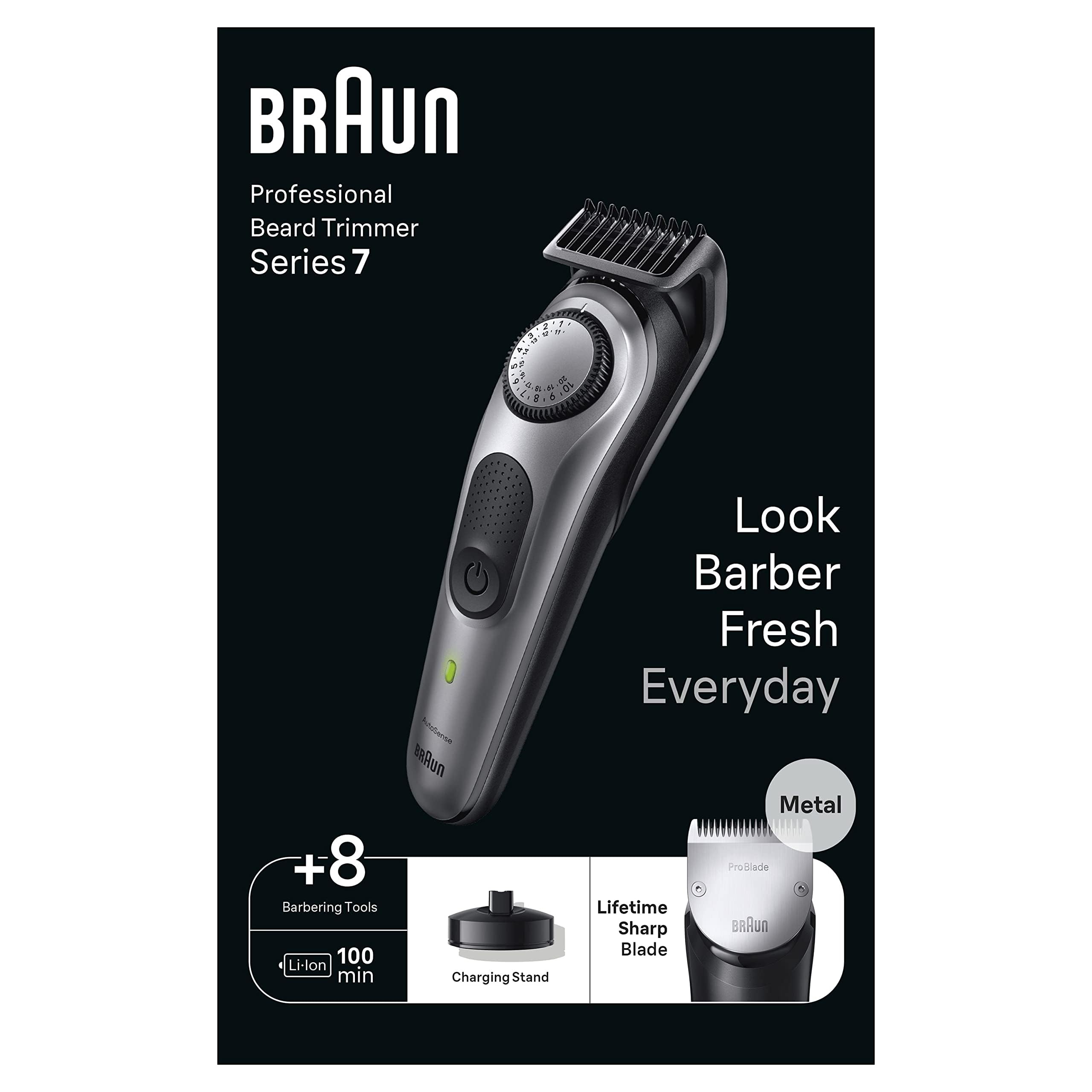 Braun Serie 7 BT7420, recortadora profesional para barba para hombre, 40 ajustes de longitud, herramientas de barbería, base de carga, estuche de viaje, plantilla para barba, batería