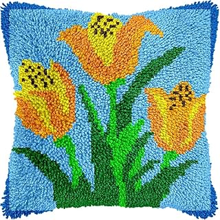 YarnAdventures Kit de almohada de gancho de pestillo,Flor de tulipán amarilla,funda de cojín para sofá,kits de manualidades,Lienzo de color preimpreso,43x43cm