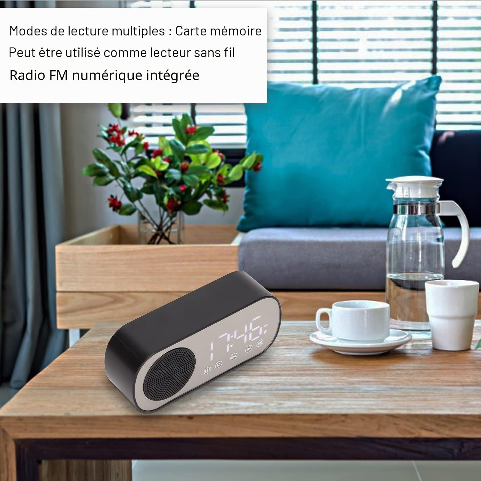 Elprico Radio Réveil Bluetooth 5.0 Enceinte sans Fil Portable, Horloge Numérique avec Double Alarme, Radio FM, Grand Écran LED Miroir, Batterie 1600mAh