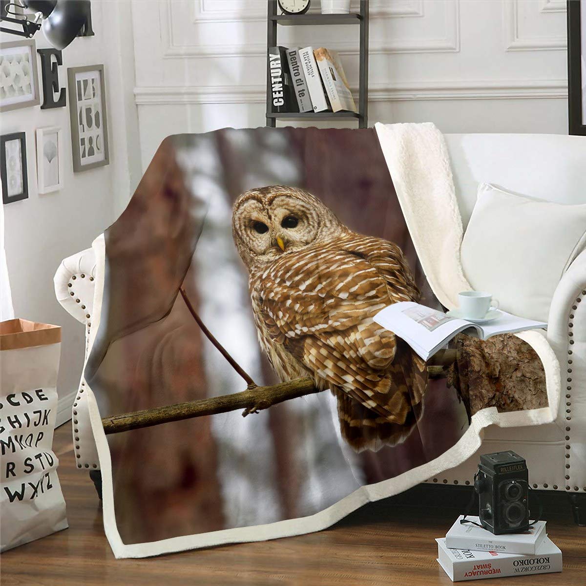 Loussiesd Owl Fleece Throw Blanket Cute Owl for Sofa Bed Tree Branches Sherpa Blanket 3D Animal Bird Decor Room Decor King 87x94 Inch — image 1