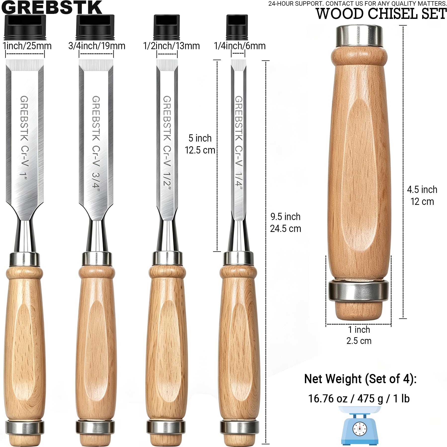 Professionelles Holzmeißel-Werkzeug-Set aus robustem Chrom-Vanadium-Stahl, 4 Stück, 1/4 Zoll, 1/2 Zoll, 3/4 Zoll, 2,5 cm (Oxford-Tasche)