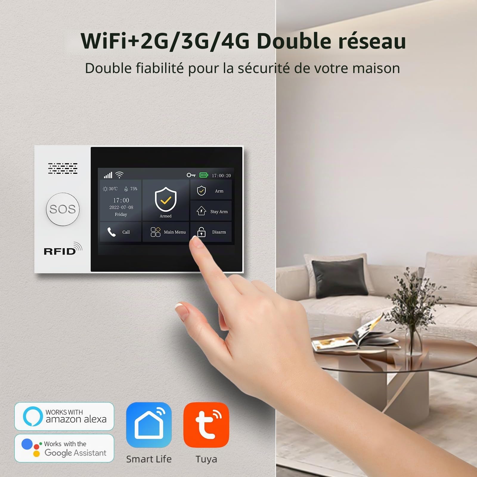 XNY Écran Tactile Complet 4,3" WiFi Alarme Maison sans Fil, 4G Systeme Alarme Maison, Alarme Maison avec 120db Sirène, 21 Pièces: Détecteur de Mouvement, Télécommandes, Capteurs de Fenêtre et de Porte