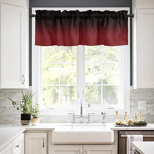 Miniatura 2 de Window Valance Rod Pocket Short Curtain Panels Classic Black and Red Gradient Kitchen Valances Curtains, Mysterious Color Ombre Window Treatments