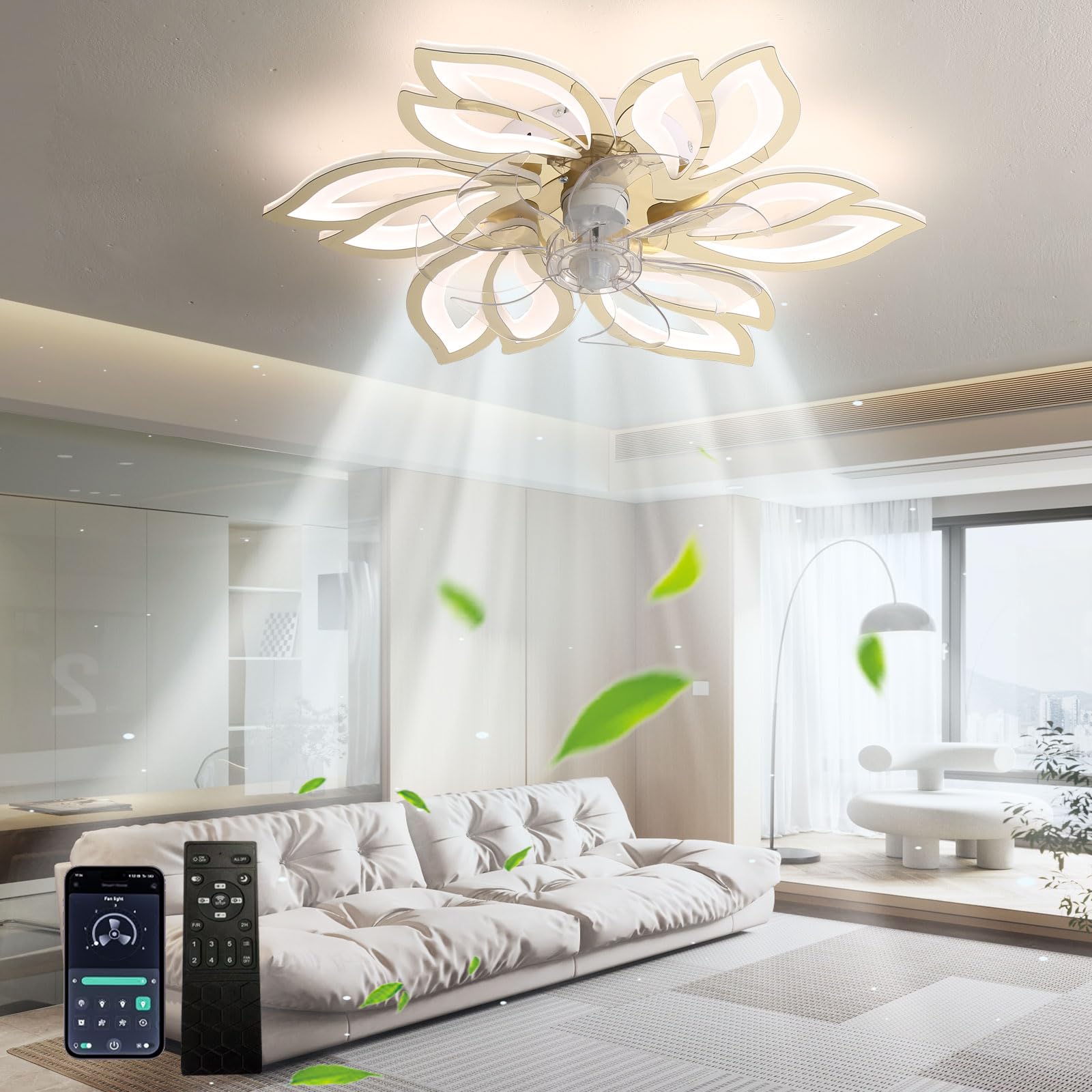HXYSXHJUO Living Room Ceiling Fan with Light, Recessed Petal Design, Three Colour Temperatures, Dimmable, Modern Bedroom Reversible DC Motor, Remote Control