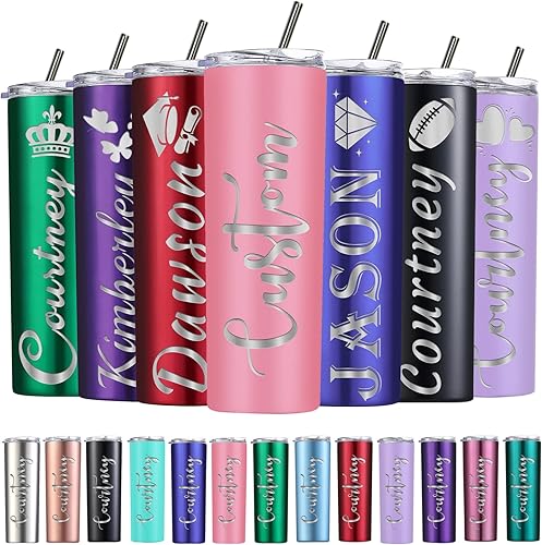 Miniatura 10 de Vaso delgado personalizado de acero inoxidable con tapas y pajitas, vaso delgado con aislamiento personalizado grabado con nombre, 20 onzas, para