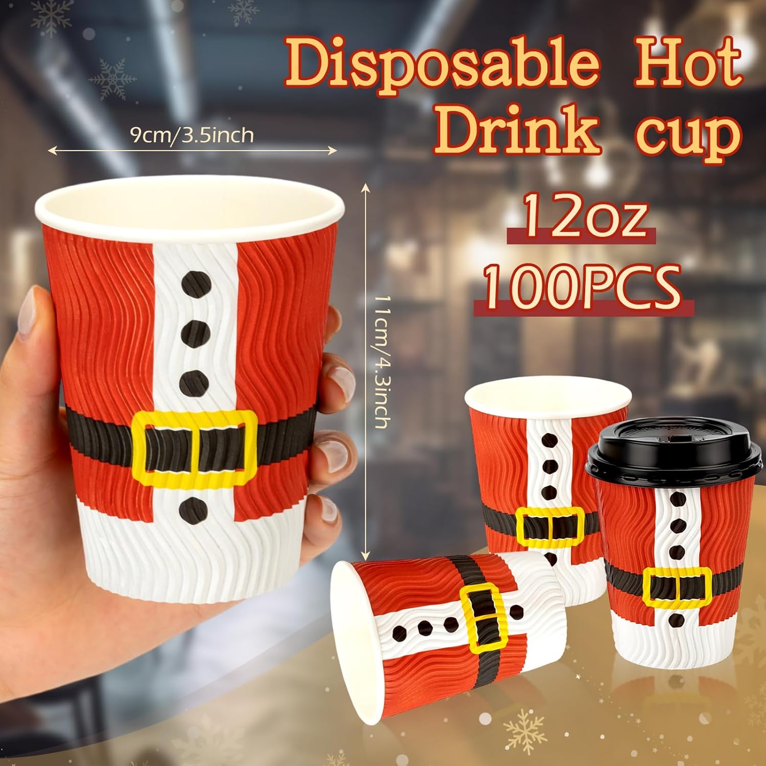 Maxcheck 100 Pcs Disposable Coffee Cups with Lid, 12 oz Insulated Ripple Wall Paper Cups for Tea, Chocolate, Christmas Party Decoration (Christmas Belt Style)