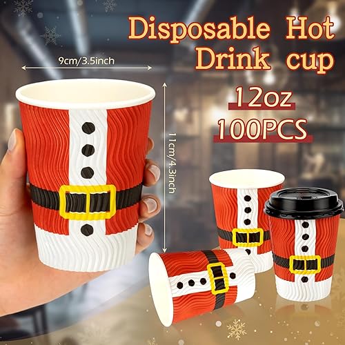 Miniatura 2 de 100 tazas de Navidad con tapa, tazas de café desechables de 12 onzas a granel, tazas de papel de pared onduladas aisladas, tazas de té navideñas