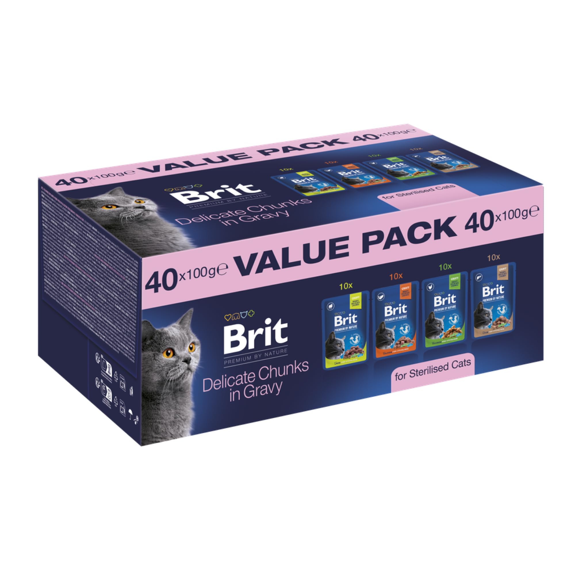 Brit Premium Nassfutter für Katzen, Sparpaket, 4 Sorten, 40 x 100 g | Cremige Textur, gut verträglich, in Dosen, angereichert mit Nährstoffen, 4 Sorten, mit Fisch & Fleisch, Sparpaket