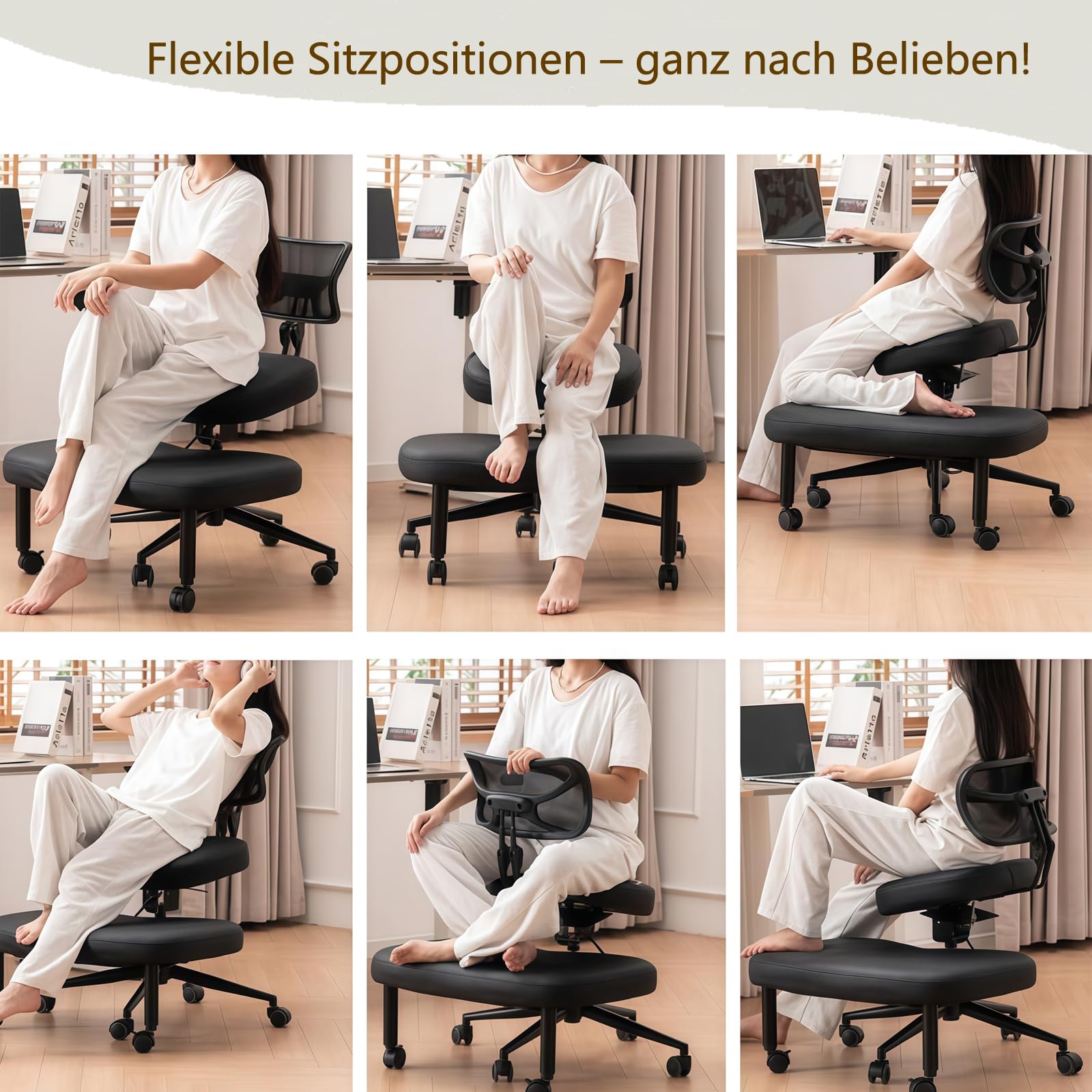 Chaise croisée avec roues, chaise à genoux polyvalente avec support arrière, tabouret réglable avec siège incliné pour une meilleure posture, coussins épais et confortables, noir
