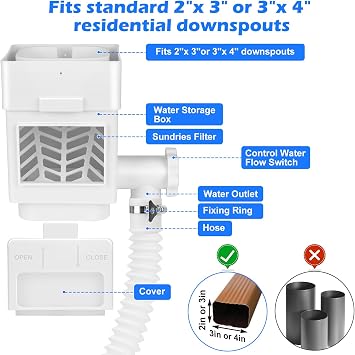 WADEO Rain Barrel Diverter Kit Fits 2''x3'' or 3''x4'' Downspouts White | Downspout Diverter for Rain Barrels to Collect Rainwater from Gutter, with Adjustable Valve and Filter, 60 Inch Hose