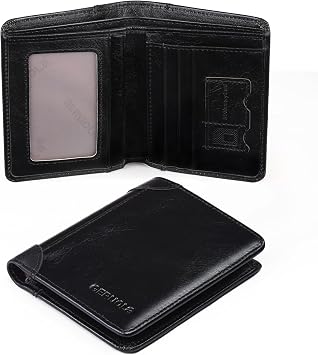 Bifold Slim Men Wallet Genuine Leather, Wallet for Men With 1 ID Window and RFID Blocking, 7credit card slots, Black
