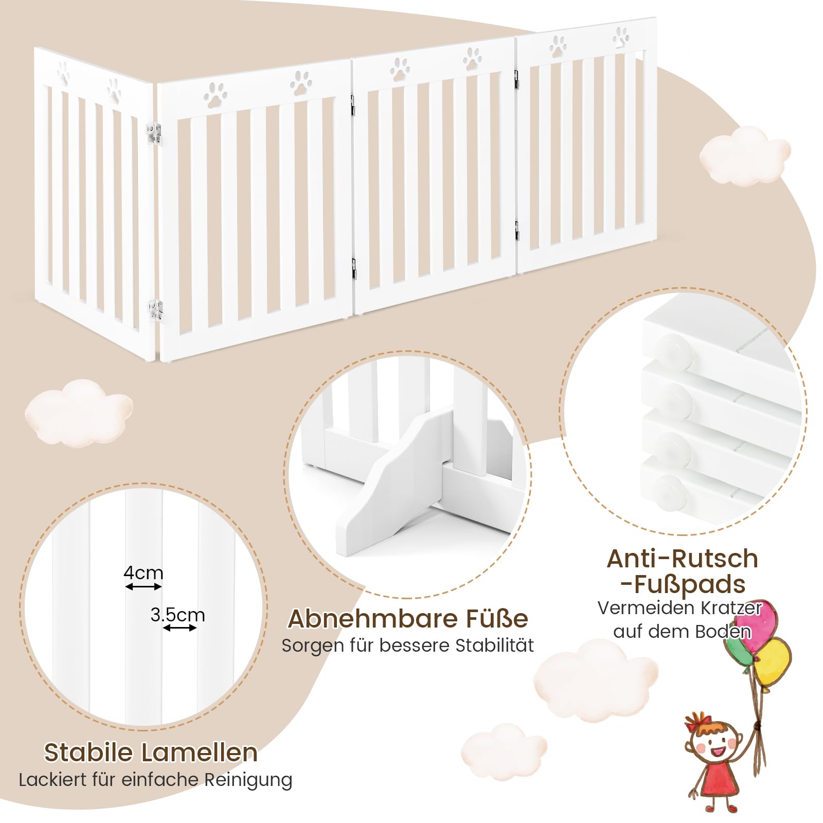 RELAX4LIFE Schutzgitter faltbar, Absperrgitter 3/4 Teile, Hundegitter Hundespur-Design, für Kinder Hunde Tiere, Sicherheitsgitter 360° drehbar, Gitter für Treppe Balkon Kamin Tür (4 Teilig, Weiß)