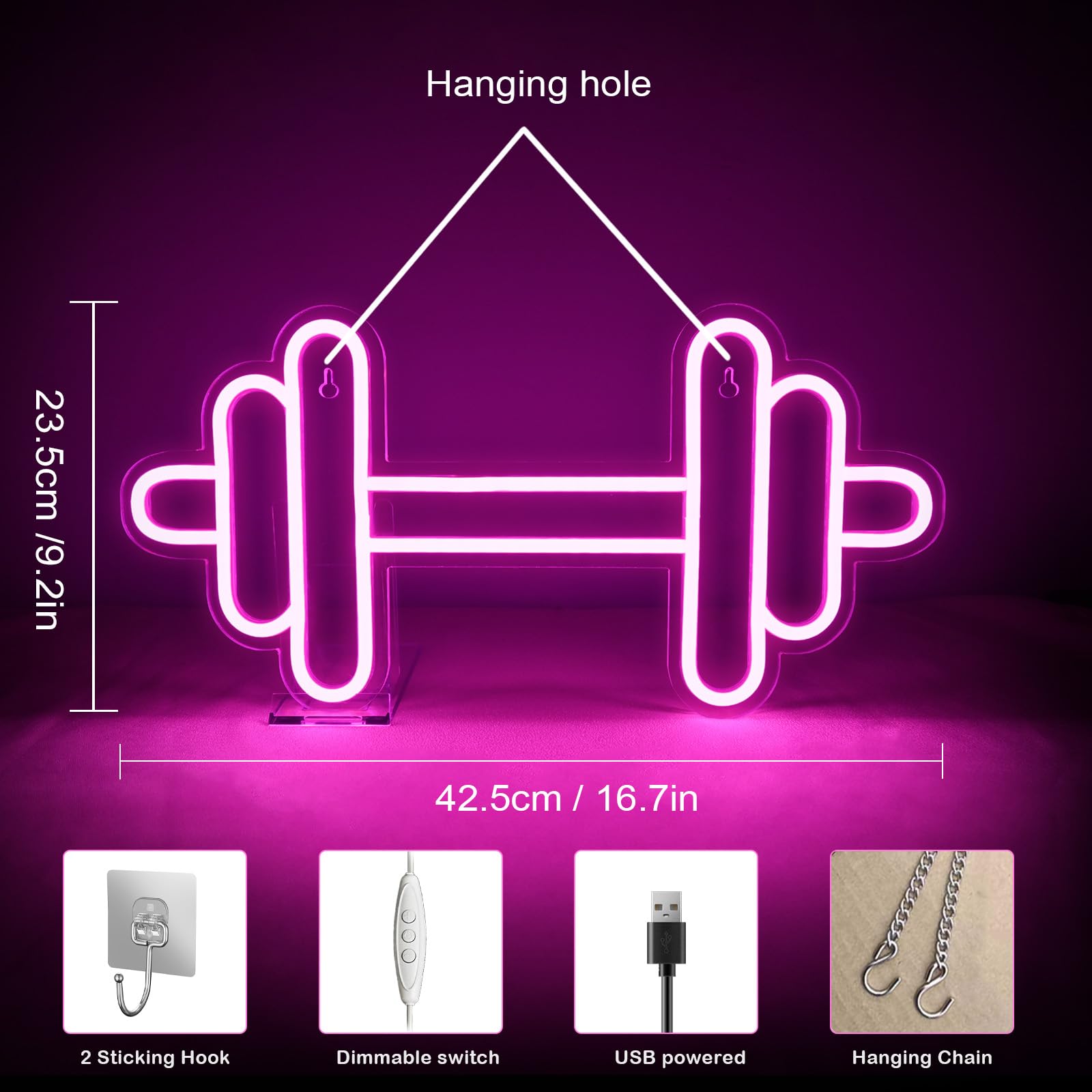Panneau Lumineux Néon LED Pour Salle De Sport, Haltère, Décoration Murale, Panneau Néon Pour Décoration De Salle De Fitness, Cadeau De Panneau Néon LED (couleur : Rouge, Taille