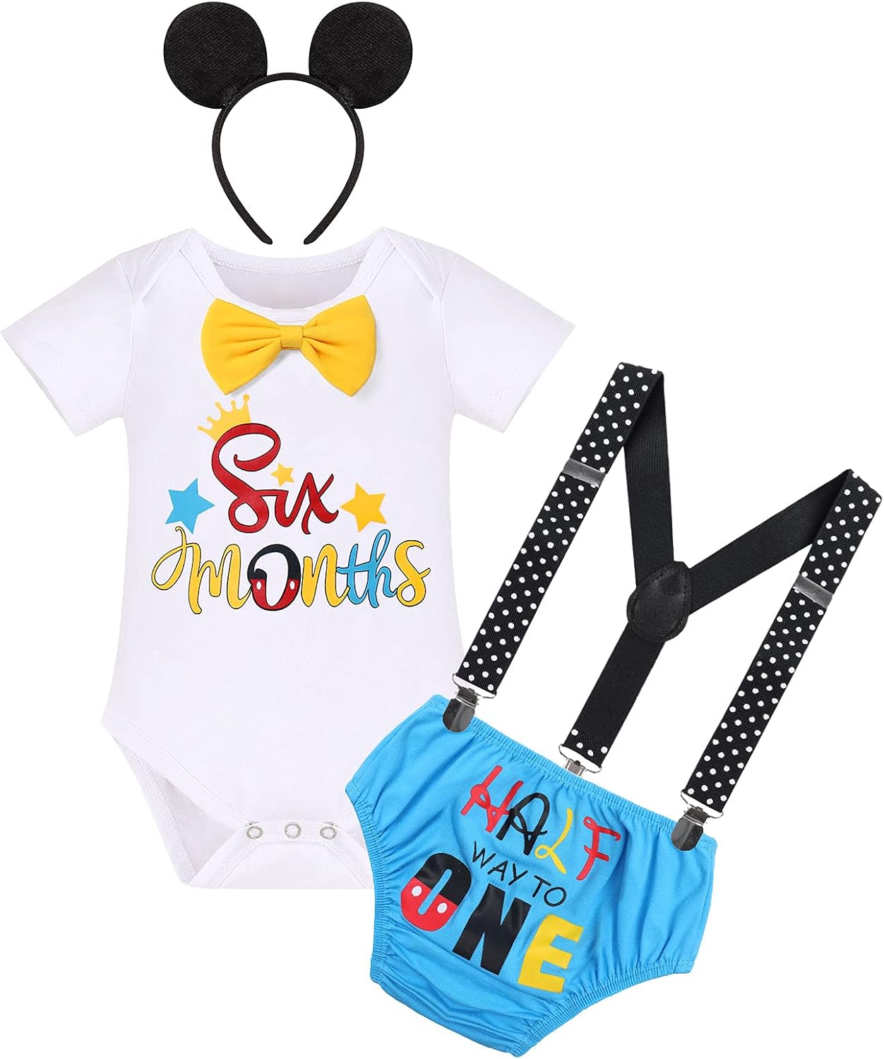 Halfway to One Baby Boy Outfit 1/2 Birthday Romper Onesies+Diaper Cover Shorts+Y-Back Suspenders+Mouse Headband Gentleman Formal 4pcs Set Cake Smash Photography for Toddler Blue-Six months 6-12M