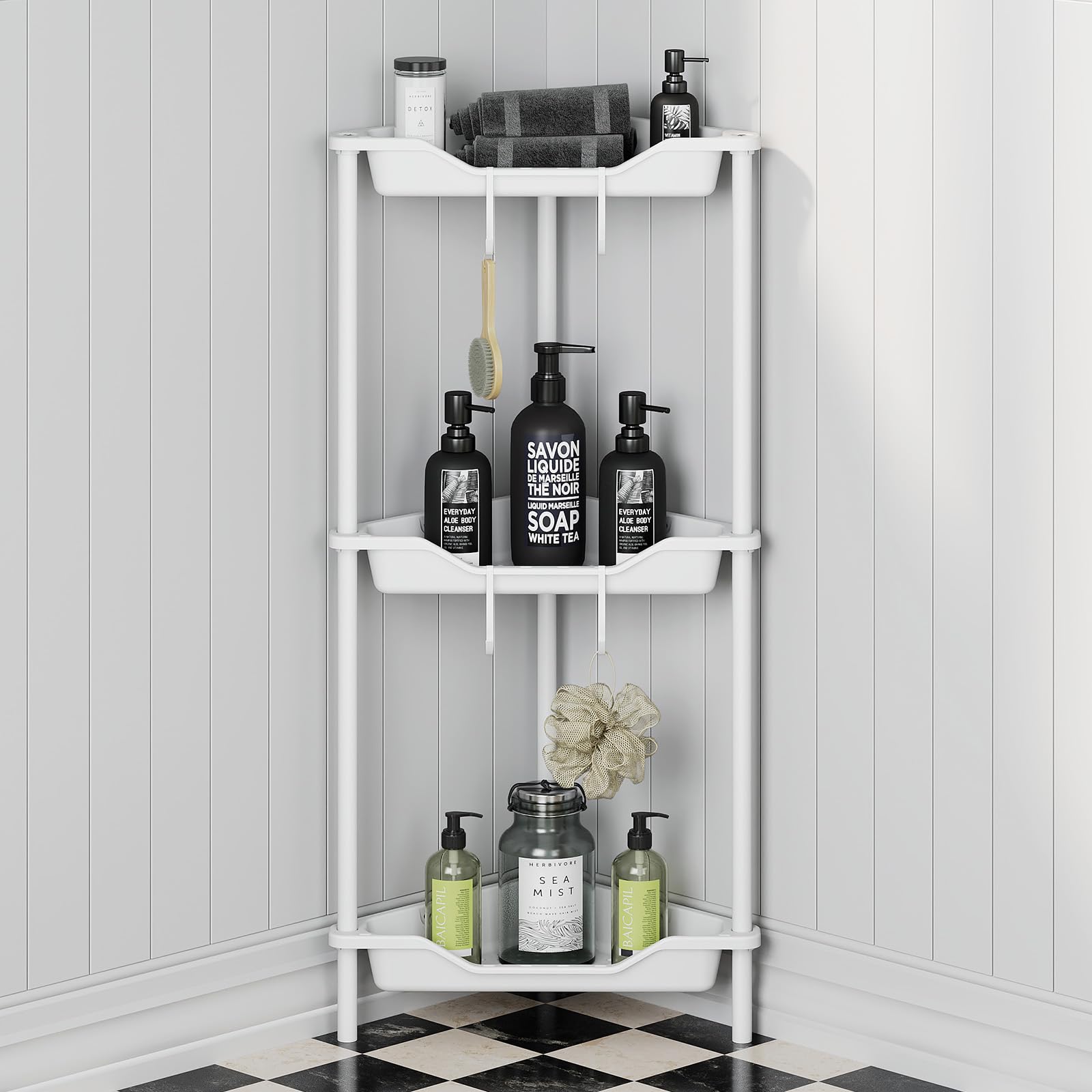 Oriware 3 Niveles Estanteria Baño de Ducha de Pie, Organizador de Esquina de Piso, Cesta Ducha sin Taladrar para Baño, Blanco