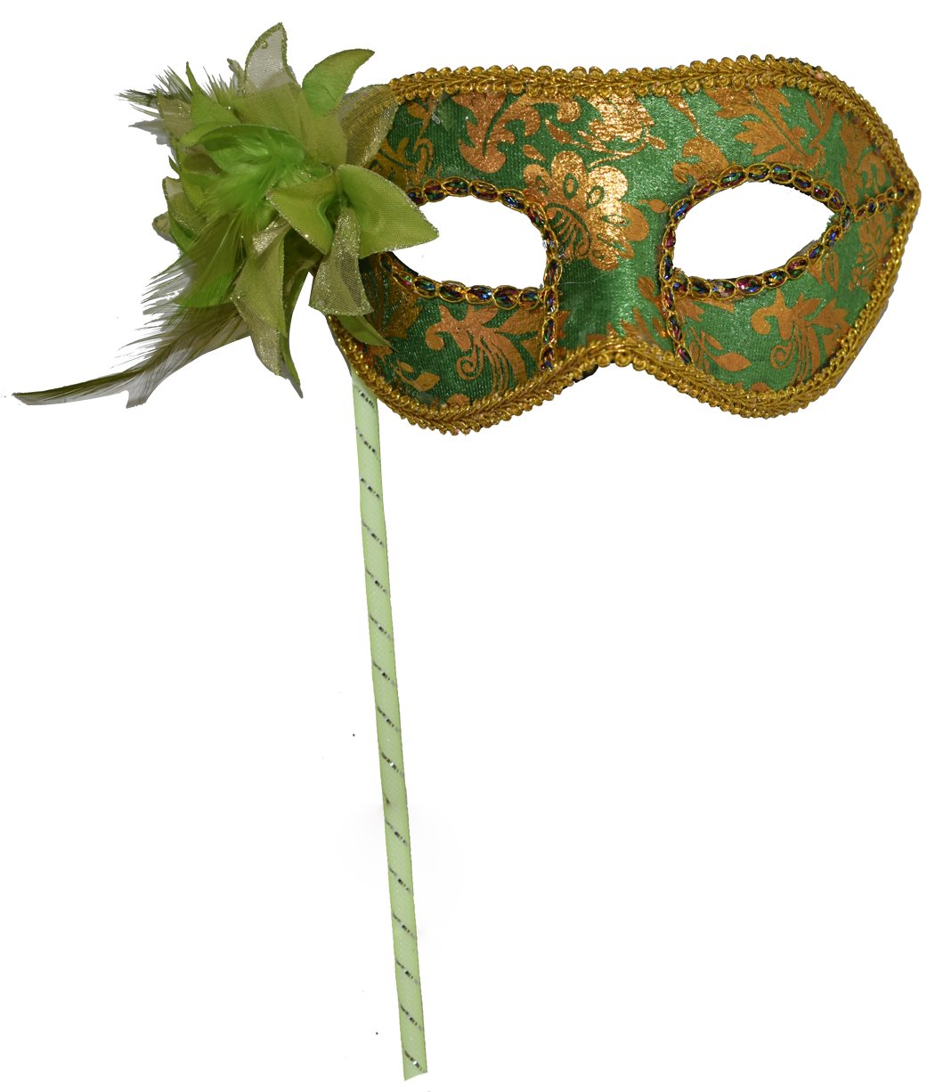 Women's Christmas Halloween Feather Flower Plastic Masquerade Mask on Stick (Green)