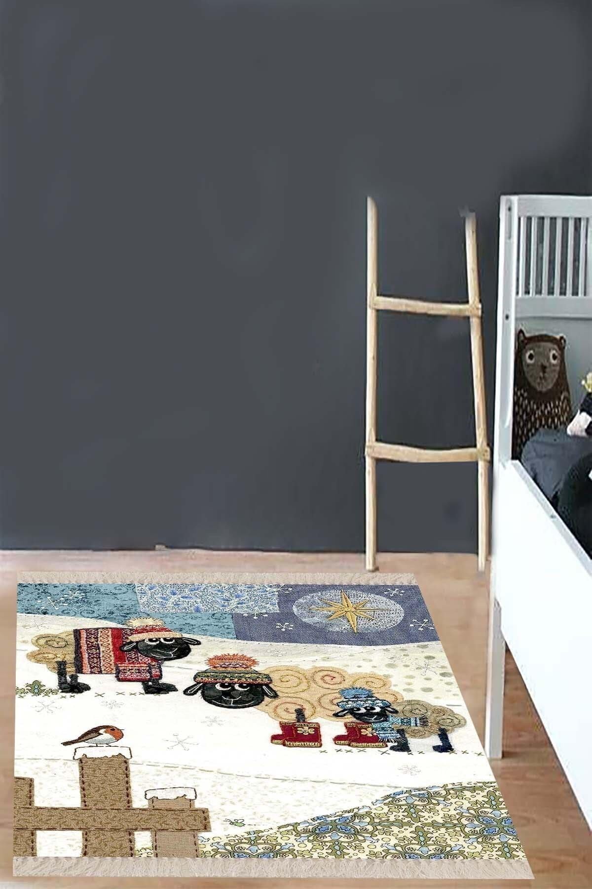 Pelangi Mavi Desenli Çocuk Odası Halısı, Mavi-Beyaz 40 x 40