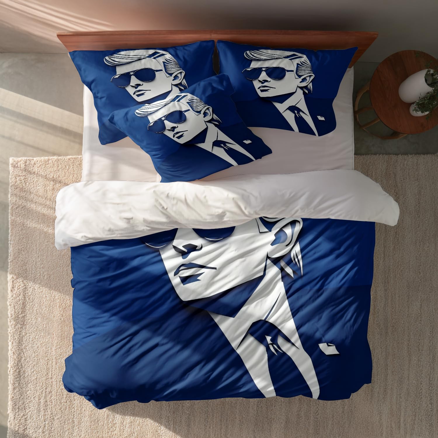 Batmerry American President Men Queen Size 3 Pieces Bedding Duvet Cover Sets, Soft Fluffy Navy Background Suit Sunglass Gentle 100% Cotton Printed Duvet Cover for All Season
