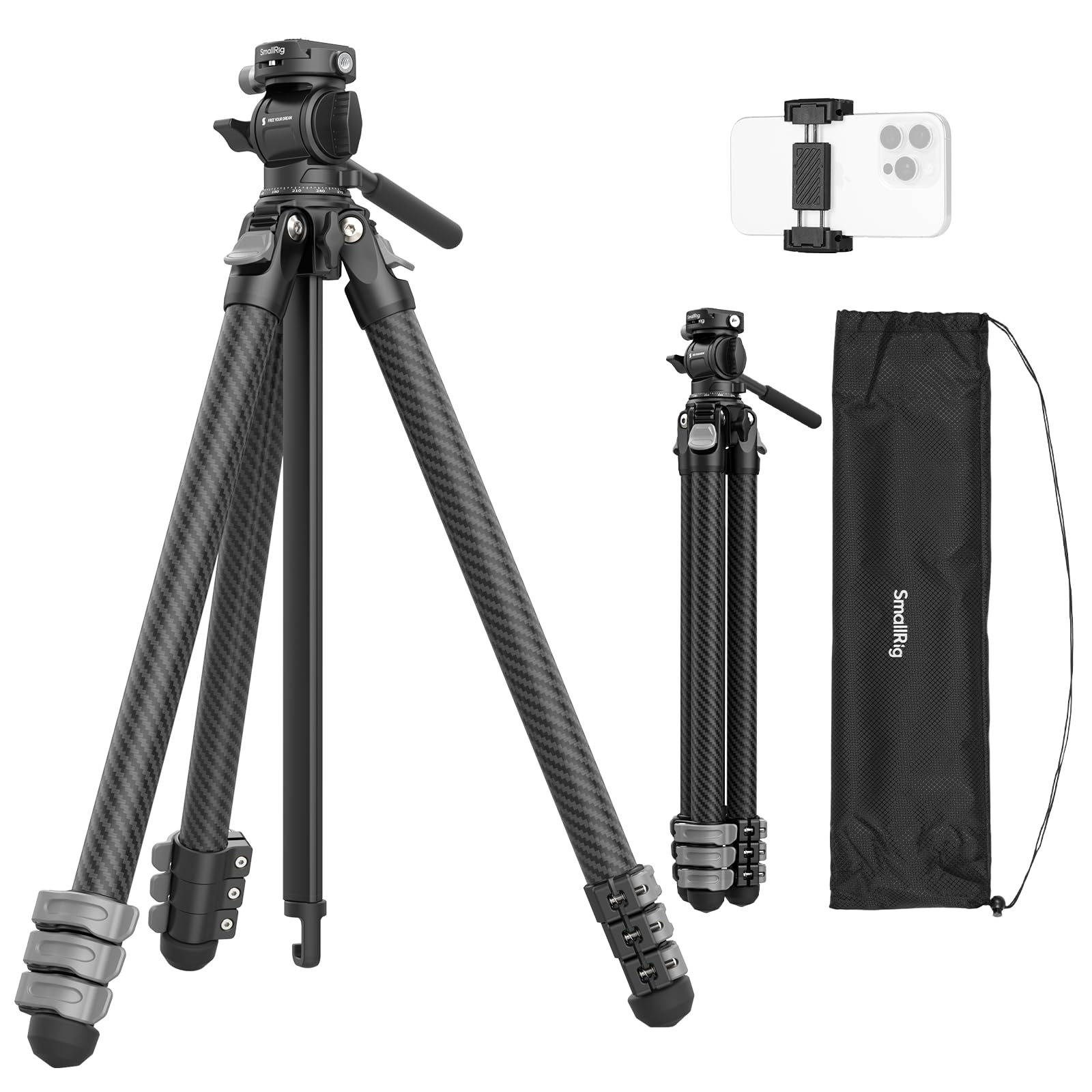 SmallRig Portable Travel Video Tripod, Carbon Fiber Compact Tripod for Outdoor Photography, 5kg Load, Fluid Head with 360° Pan and -70° to 90° Tilt, 180° Reversible Center Column-image-19