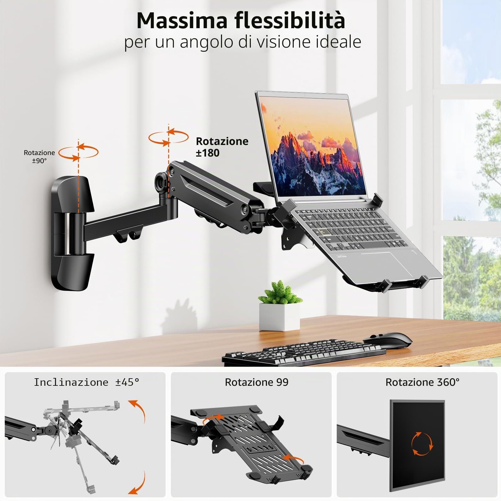 PUTORSEN Supporto da parete per computer portatile 2 in 1, braccio con molla a gas per notebook da 10-17 pollici e schermo da 17 a 40 pollici, movimento completo, supporta 1-12 kg (nero)