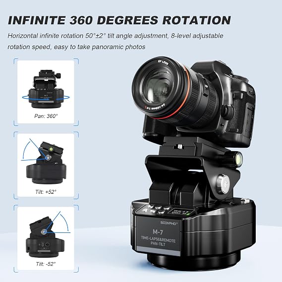 Soonpho M7 Motorized Rotating Panoramic Tripod Head for Time Lapse Remote Control 360 Pan Tilt Head for DSLR Cameras, Camcorders, Tripod