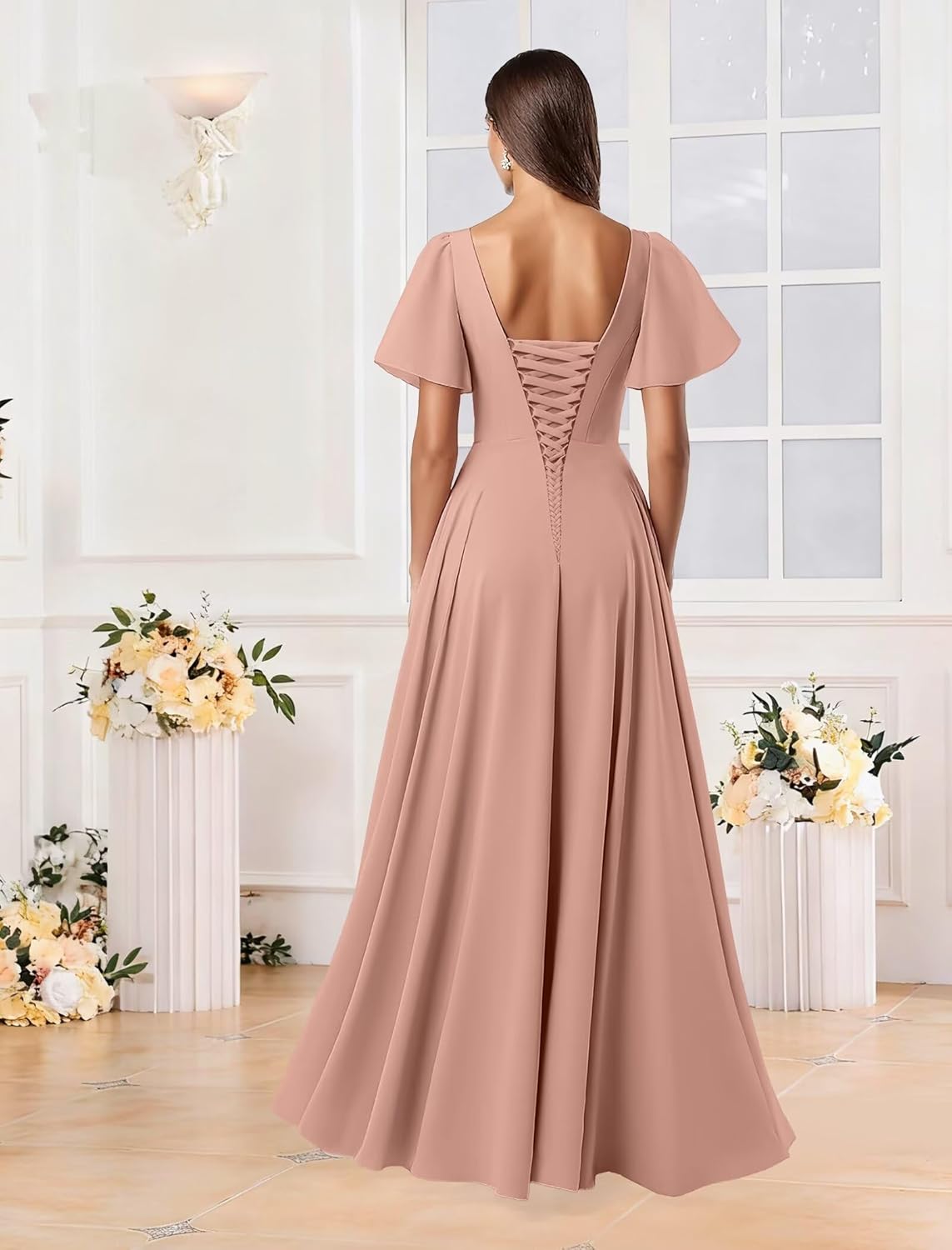 Women's Chiffon Formal Bridesmaid Dresse Elegant Wedding Guests Maxi Gown for Women with Slit Ruffles Ruche Evening Dress - Image 5