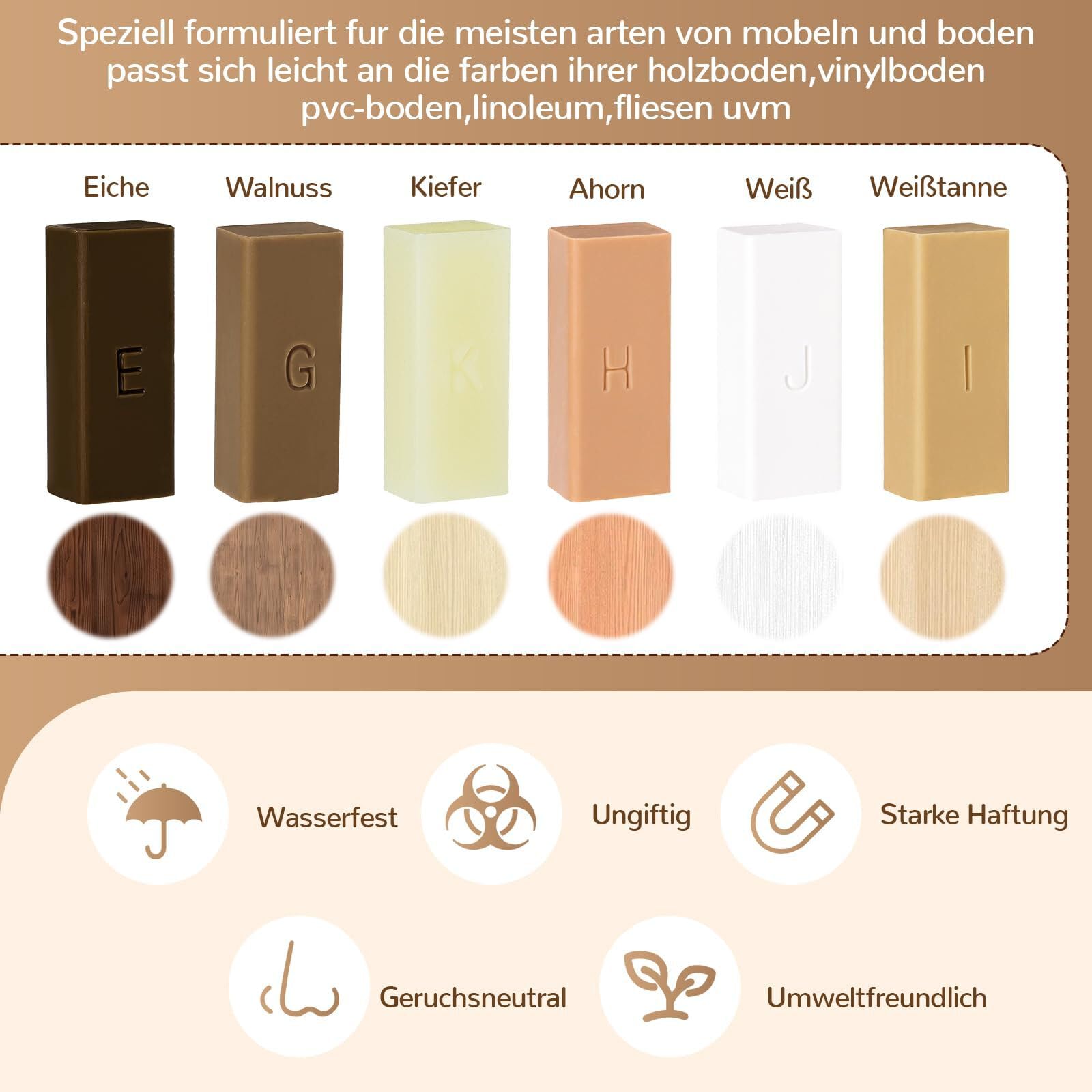 Set di riparazione per cera laminata, colore bianco, 6 colori, set di riparazione per laminato, cera dura, kit di riparazione per piastrelle, cera per legno, cera, mastice per legno, set di