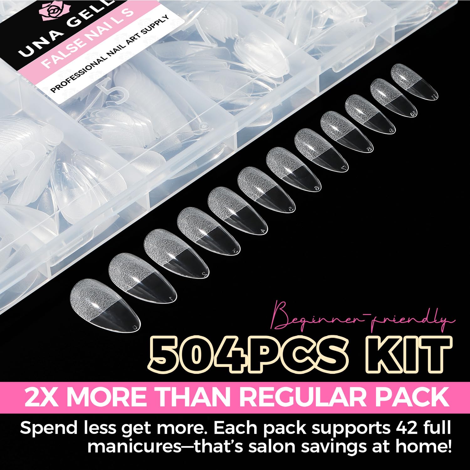 UNA GELLA Mandel Nail Tips, 504 Stück 12 Größen Nageltips für Gelnägel Almond Full Cover Soft Gel Tips für Acrylnägel & DIY Nagelkunst zu Hause