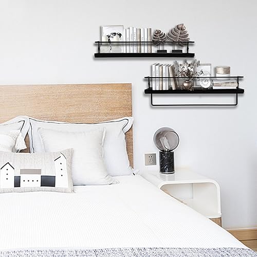 Miniatura 5 de Juego de 2 estantes flotantes de baño con marco de metal negro y toallero para baño, almacenamiento sobre inodoro y organizadores para dormitorio