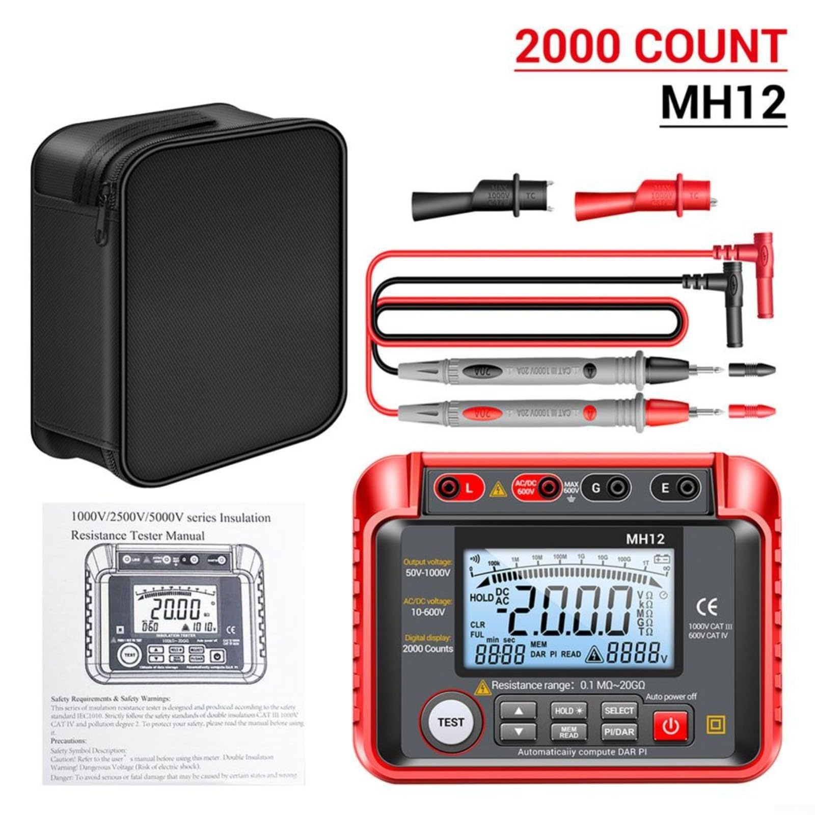 Megohmímetro digital MH12 para medidor de resistencia de aislamiento 50V-1000V con pantalla retroiluminada de prueba DAR PI