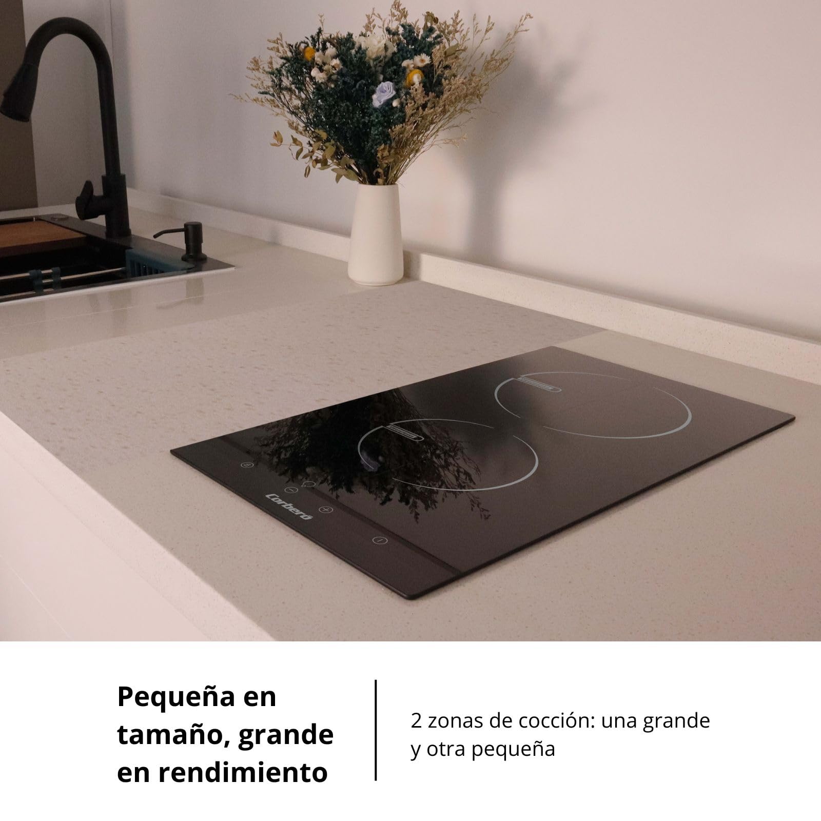 Corberó CCVGD25BF Plaque vitrocéramique 2 zones de cuisson 9 niveaux de puissance Contrôle tactile Arrêt automatique Puissance 2900 W Noir