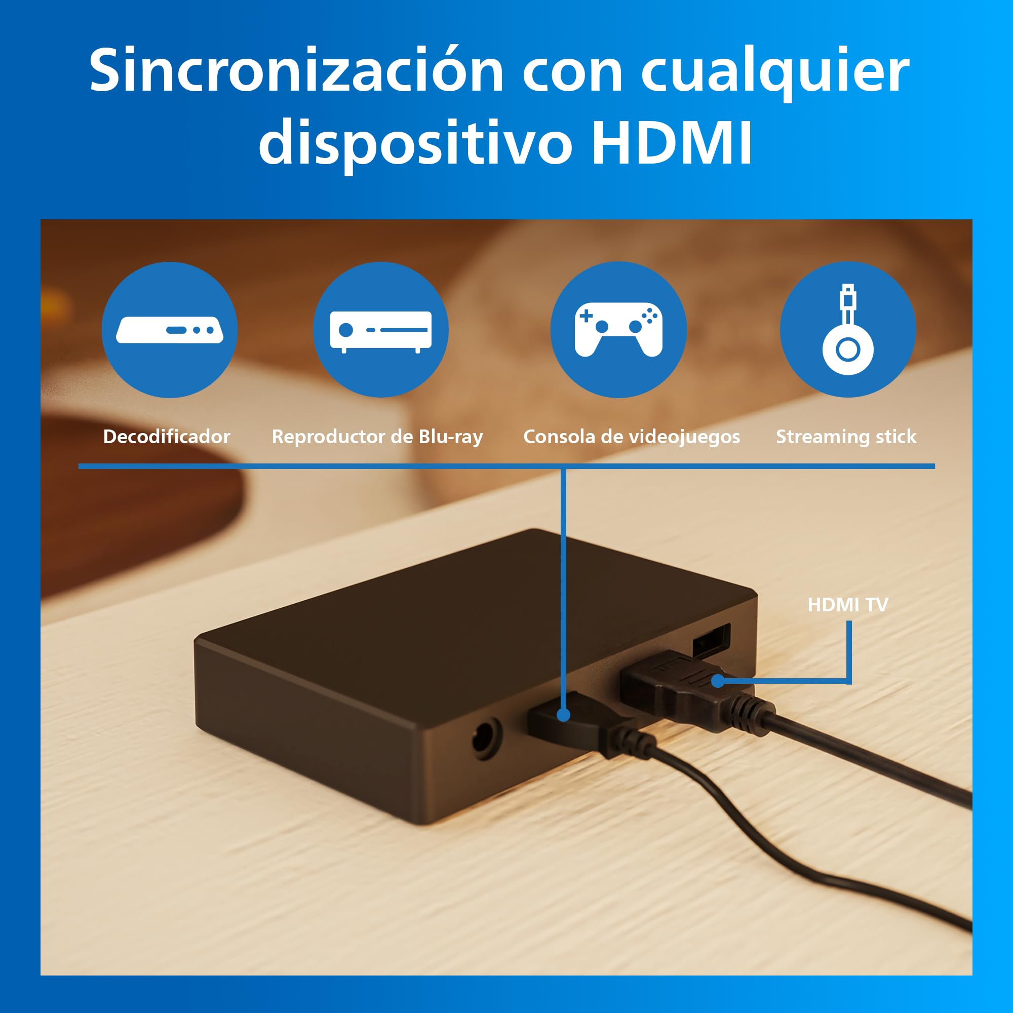 Philips Smart Lighting Sync Box HDMI 2.1 8K, Retroiluminación TV 55"-65", Tira LED RGBIC, Actualización Ultrarrápida, Luz Personalizable, Fácil de Instalar, TV, Cine, Juegos, Requiere Entrada HDMI