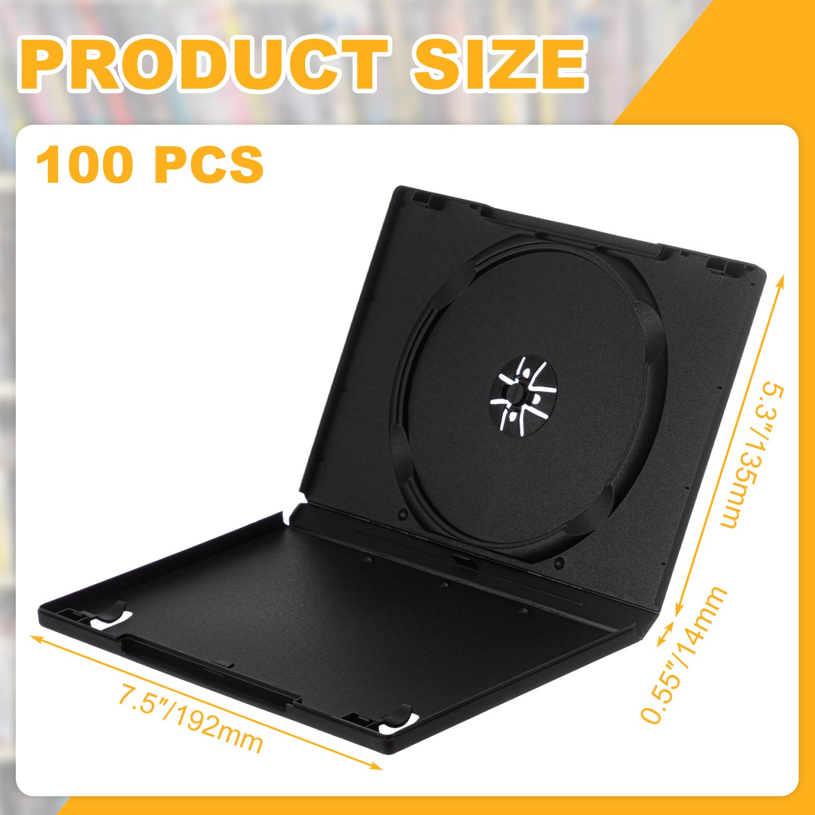 Paquete de 100 fundas estándar negras para DVD individuales de 14 mm, disco de plástico de 5.3 x 7.5 x 0.55 pulgadas con fundas protectoras transparentes y soporte de bloqueo de seguridad