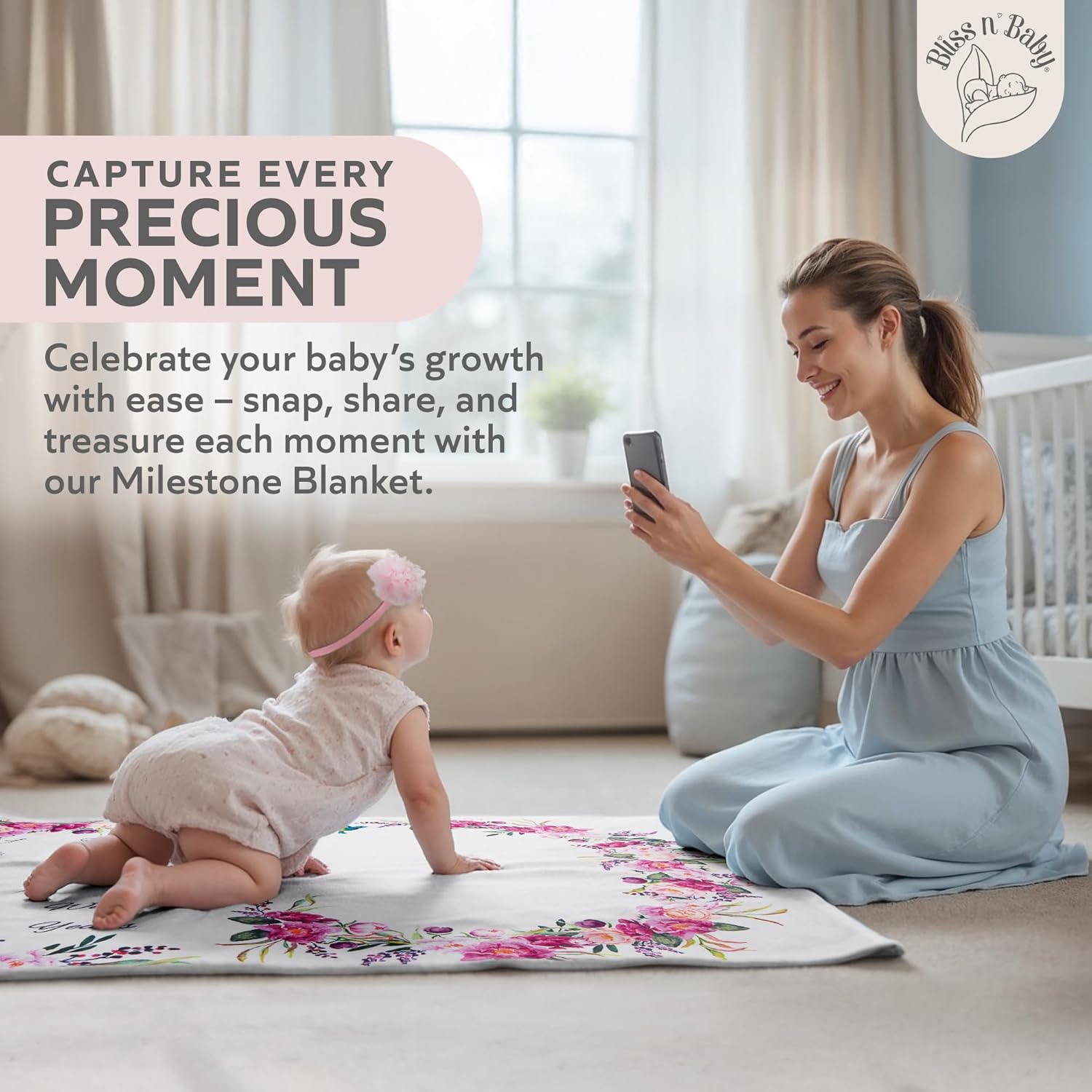 Bliss n' Baby Monthly Milestone Blanket for Baby Girl - 60"x40" - Wrinkle Free Baby Age Month Blanket with Growth Chart - Washable & Dryable - w/Wreath & Headband - Floral Theme - Image 2