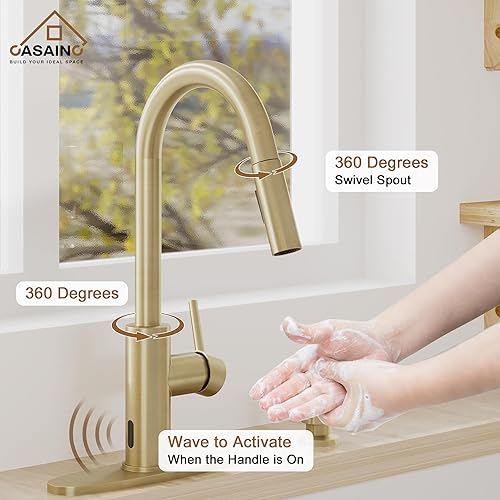 Miniatura 2 de CASAINC Grifo de cocina con rociador extraíble, oro cepillado, 1.8 GPM, 16.89 pulgadas de alto, con sensor de movimiento sin contacto, grifo de