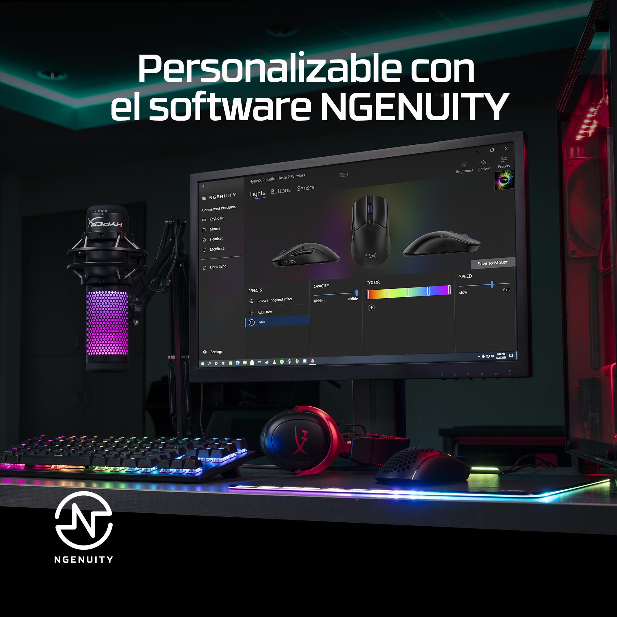 HyperX Haste 2 Wireless – Ratón gaming inalámbrico, ultraligero 61g, batería 100h, sensor preciso HyperX 26K, cable HyperFlex 2, antideslizamiento, color Blanco