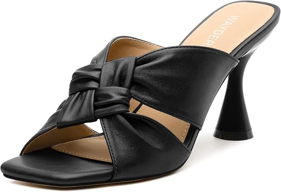 WAYDERNS Womens High Heeled Sandals Square Open Toe Knotted Strap Slip on Heels Chunky Cup Shape Heel Mules for Wedding Evening Party Elegant Sexy 3 Inch Summer Dressy Shoes