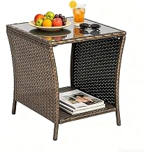 KINTNESS Wicker Rattan Side Table Outdoor End Table Patio Courtyard Coffee Bistro Glass Table with Storage